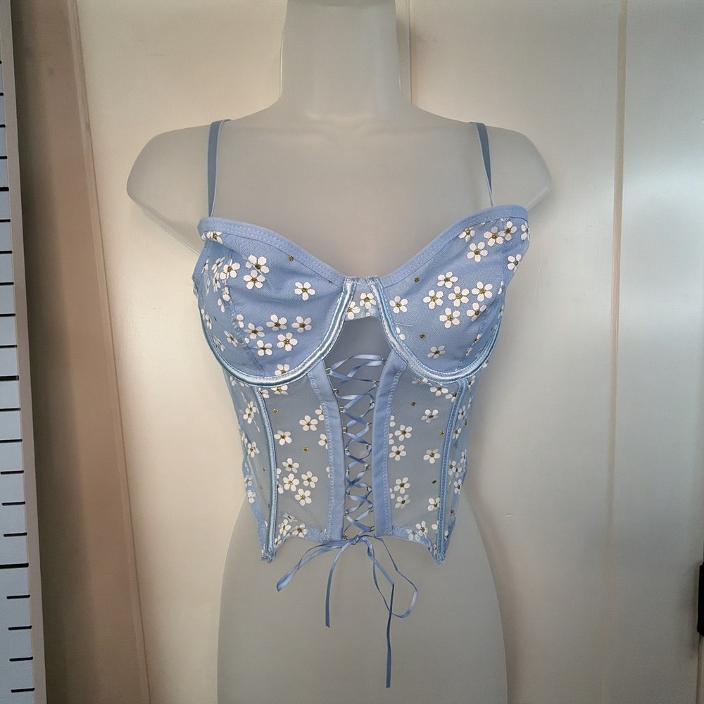 Body Rage Size L Sheer Blue Gold Sparkle Daisy Lace Up Corset Sexy Babydoll